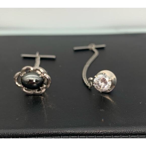 Vintage Lot Of 2 Silver Tone Tie Tacks One Hematite & One Clear Rhinestone - Picture 1 of 3